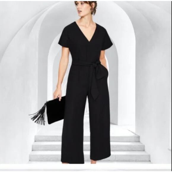 LOFT Black V-Neck Flutter Sleeve Wide Leg Jumpsuit - Size 4 - Picture 1 of 7